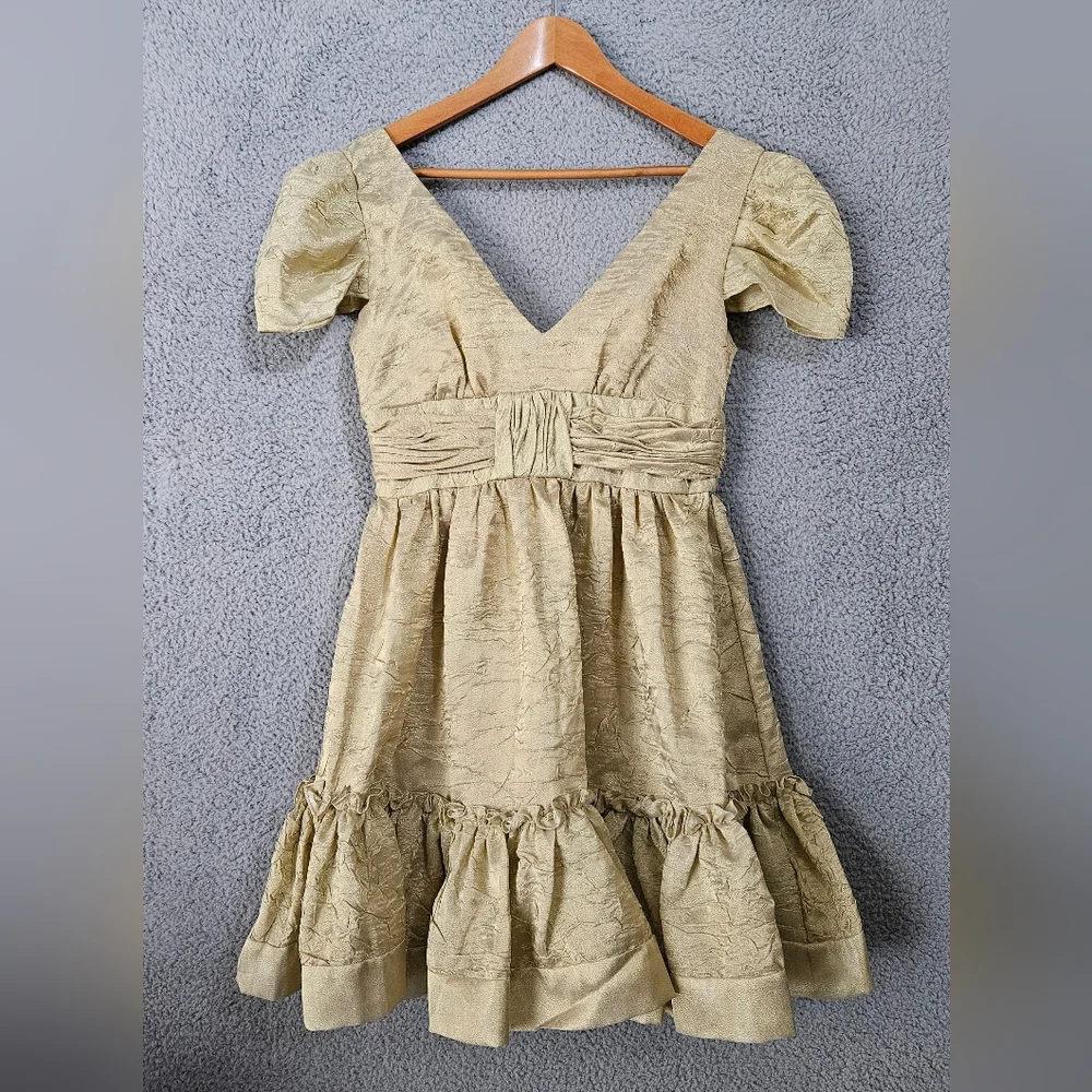 Basix II Gold Mini Dress Sz 4 Small Puff Sleeve Coquette Victorian Wedding Party - Picture 2 of 12